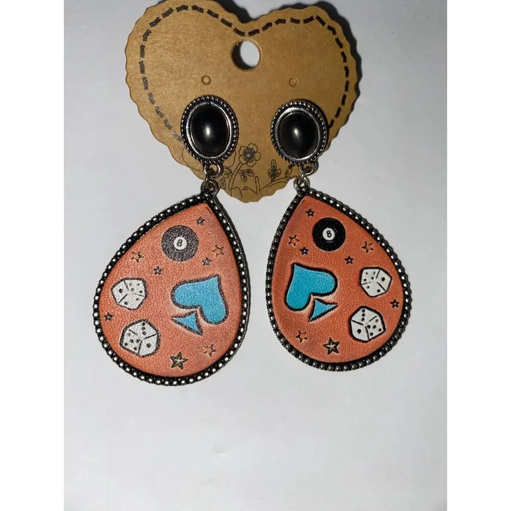 Western Casino Themed Faux Leather Teardrop Earrings